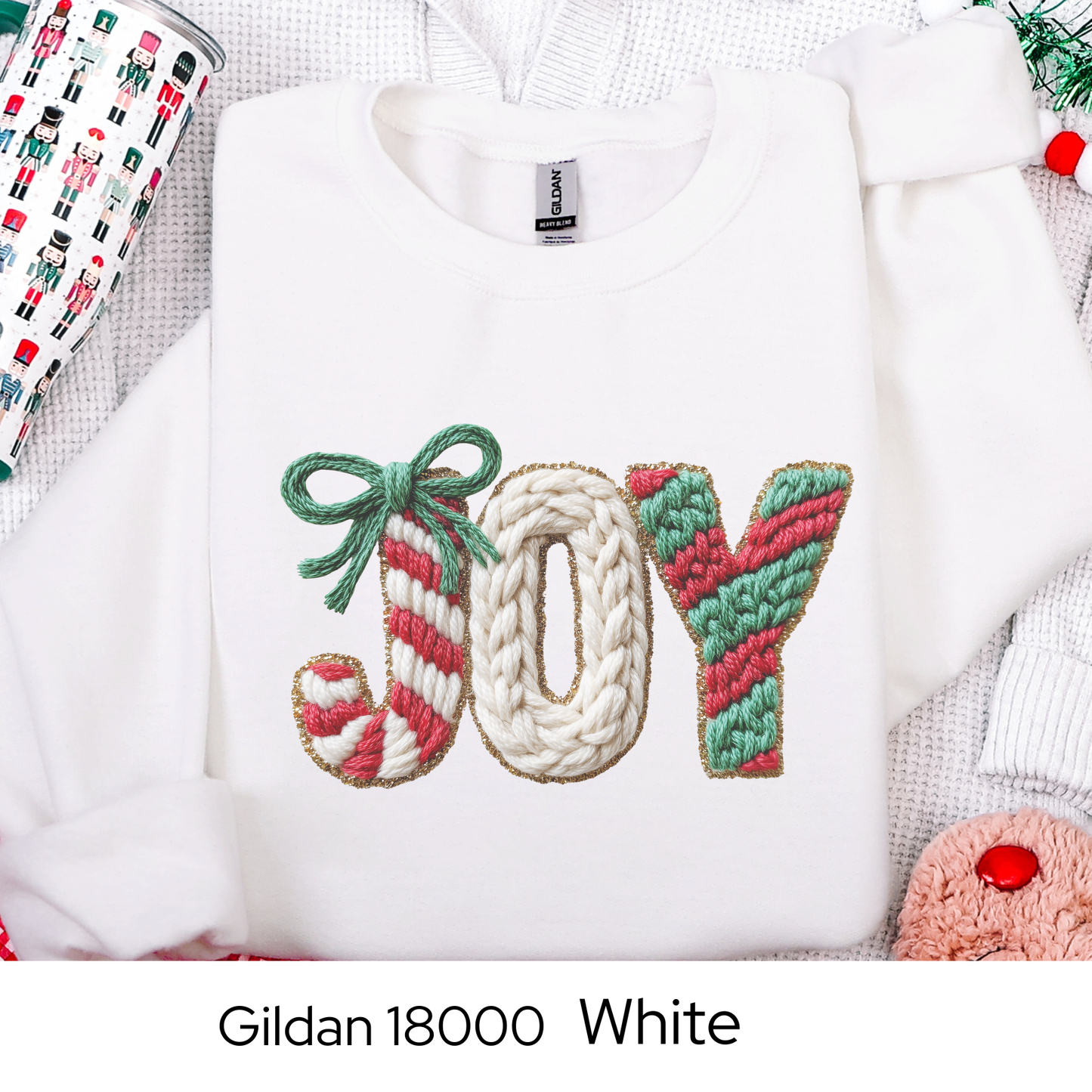 Joy Christmas Sweatshirt, Holiday Crewneck, Cozy Winter Outfit, Cute Candy Cane Sweater, Christmas Gift for Her, Faux Yarn