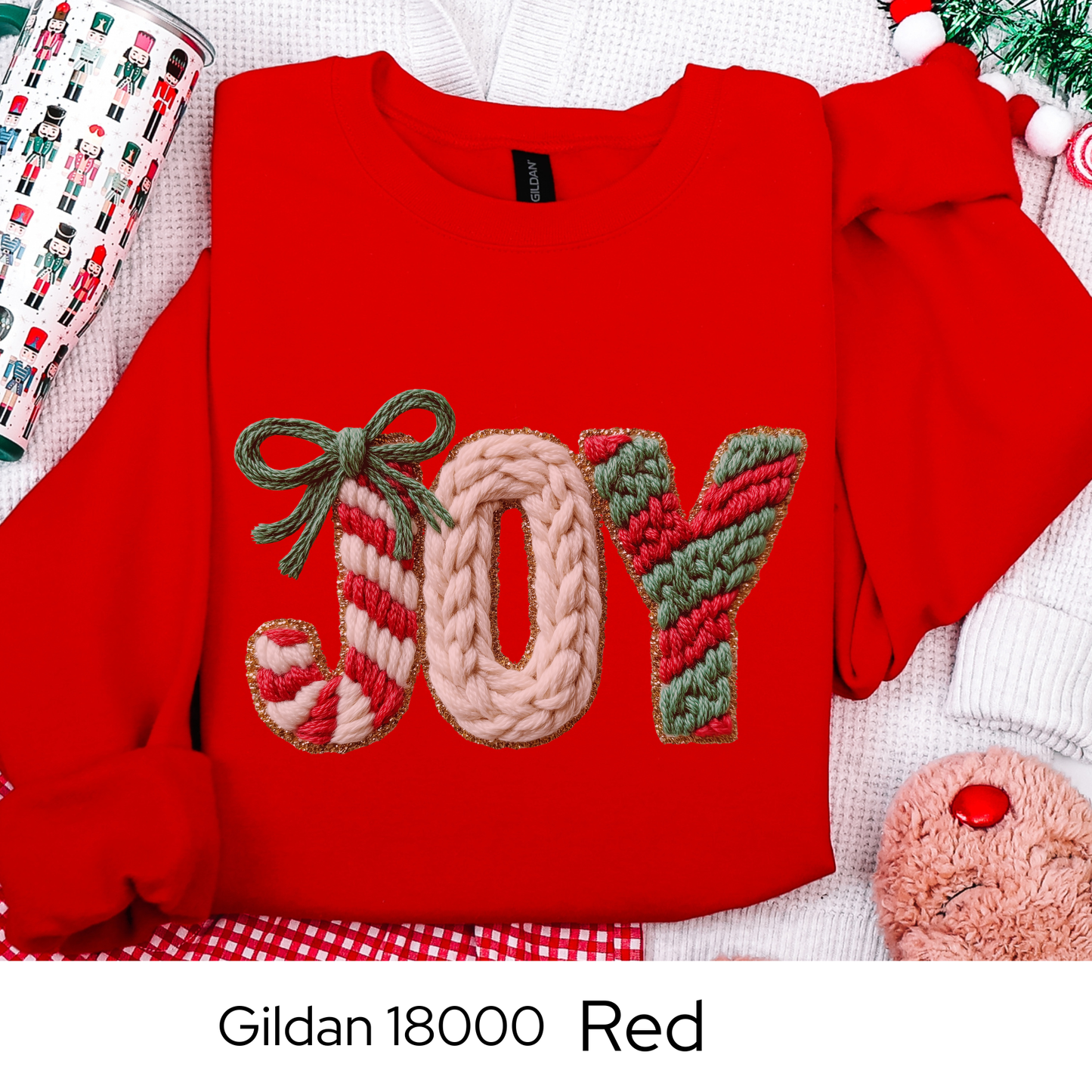 Joy Christmas Sweatshirt, Holiday Crewneck, Cozy Winter Outfit, Cute Candy Cane Sweater, Christmas Gift for Her, Faux Yarn