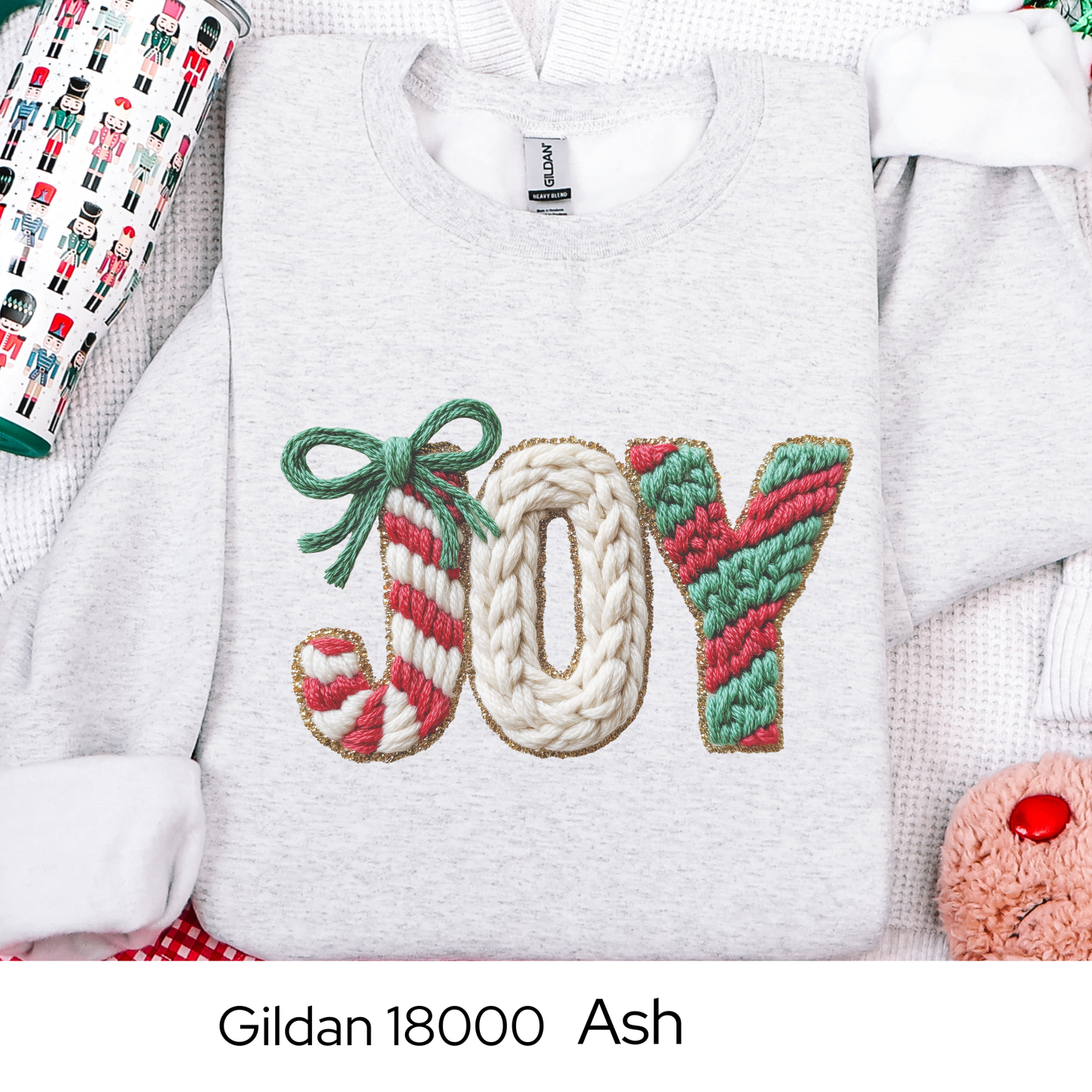 Joy Christmas Sweatshirt, Holiday Crewneck, Cozy Winter Outfit, Cute Candy Cane Sweater, Christmas Gift for Her, Faux Yarn