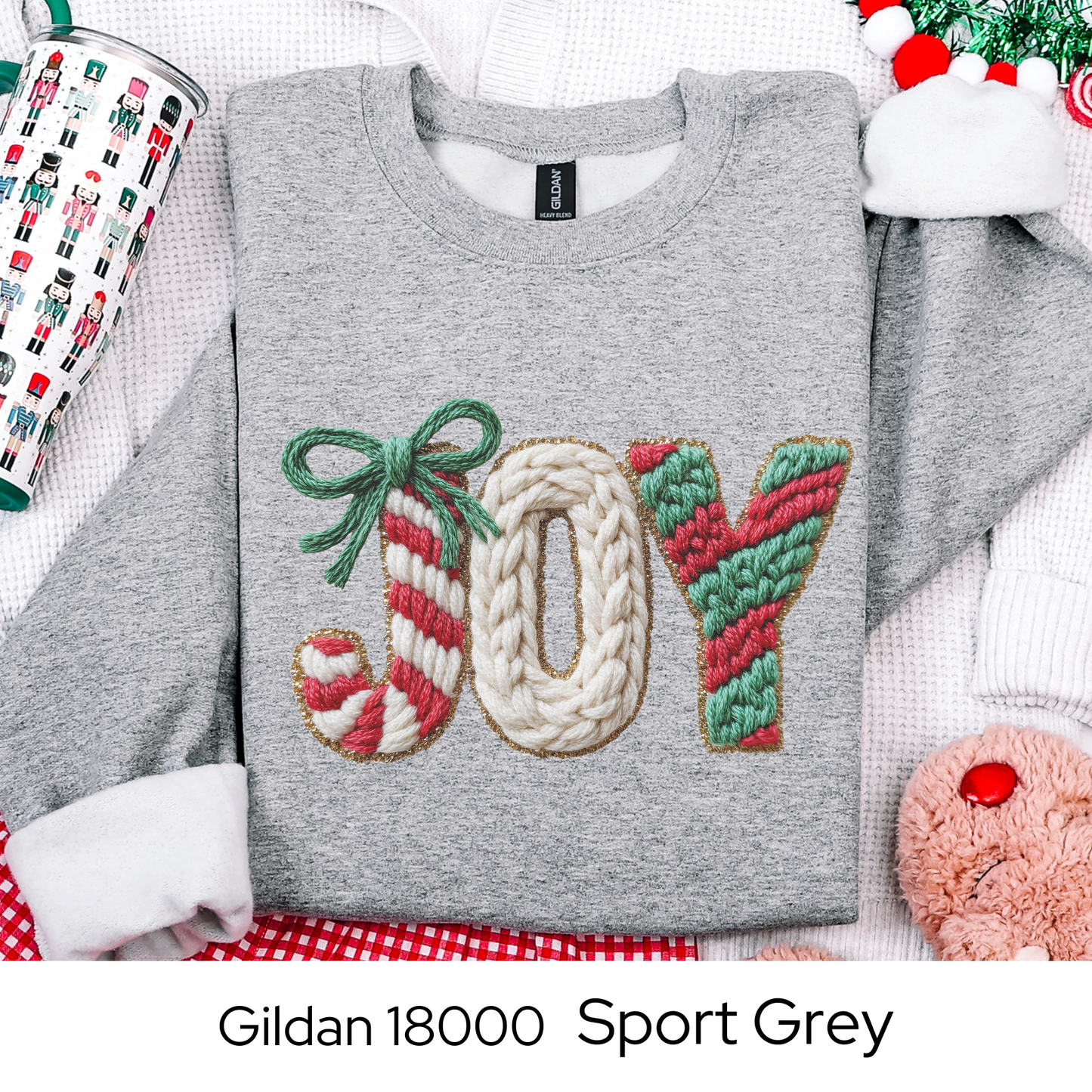 Joy Christmas Sweatshirt, Holiday Crewneck, Cozy Winter Outfit, Cute Candy Cane Sweater, Christmas Gift for Her, Faux Yarn