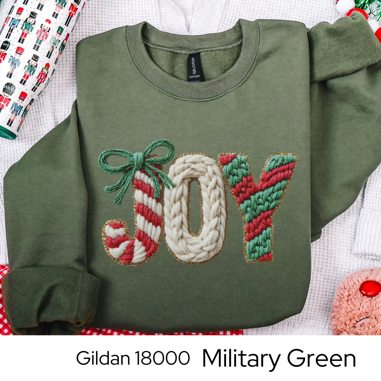 Joy Christmas Sweatshirt, Holiday Crewneck, Cozy Winter Outfit, Cute Candy Cane Sweater, Christmas Gift for Her, Faux Yarn