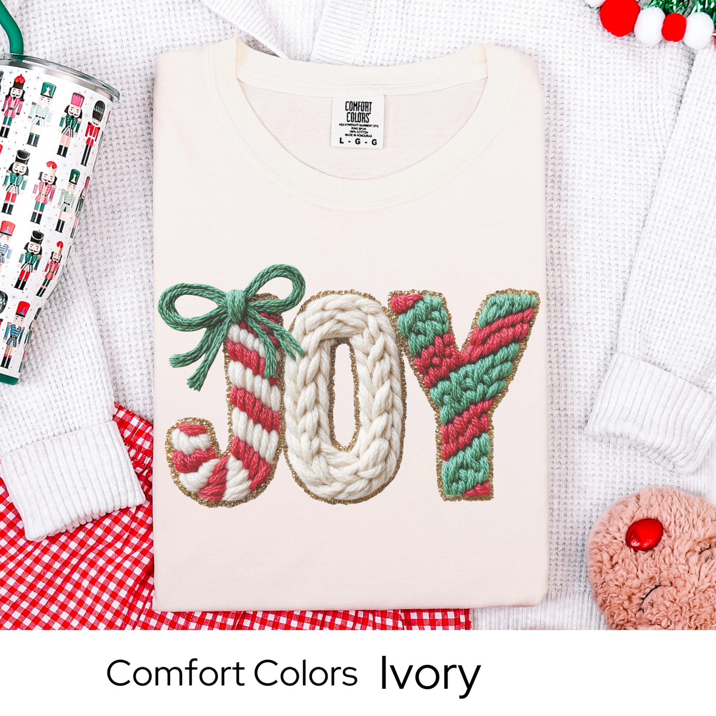 Joy Christmas T-Shirt, Holiday Tee, Cozy Winter Outfit, Cute Candy Cane Top, Christmas Gift for Her, Faux Yarn