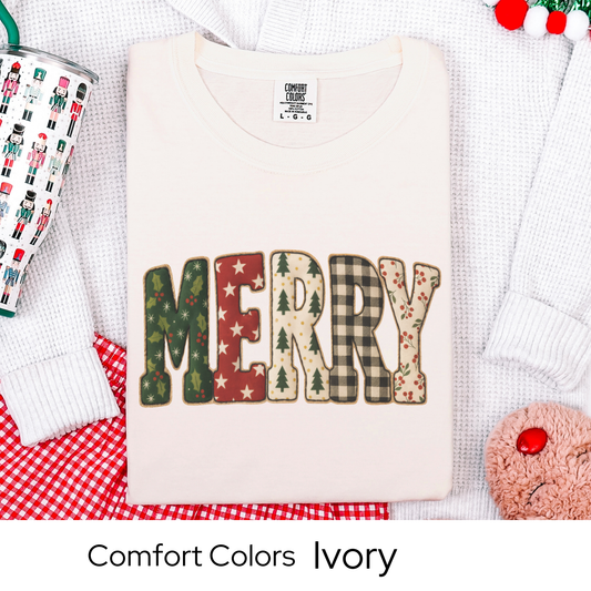 Merry Christmas T-Shirt, Holiday Tee, Cozy Winter Outfit, Cute Patchwork Top, Christmas Gift for Her, Faux Quilted