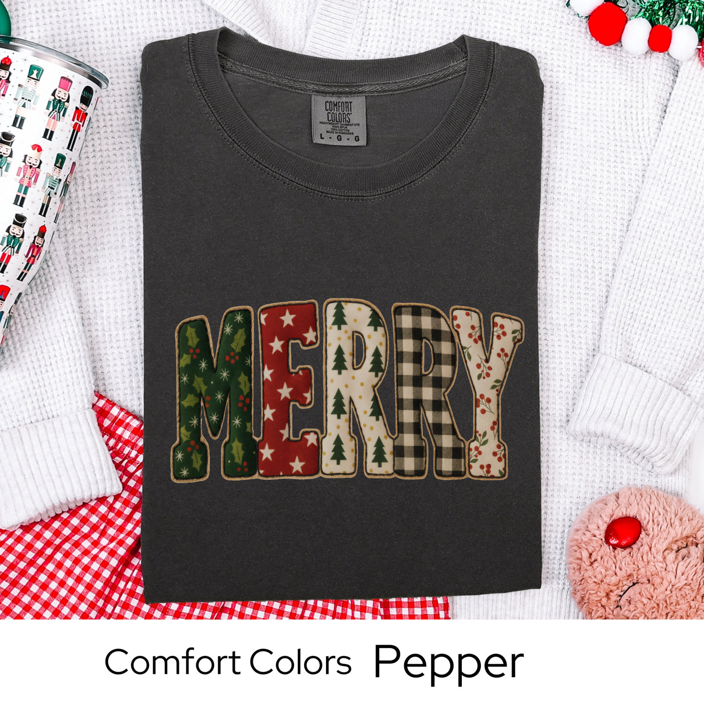 Merry Christmas T-Shirt, Holiday Tee, Cozy Winter Outfit, Cute Patchwork Top, Christmas Gift for Her, Faux Quilted