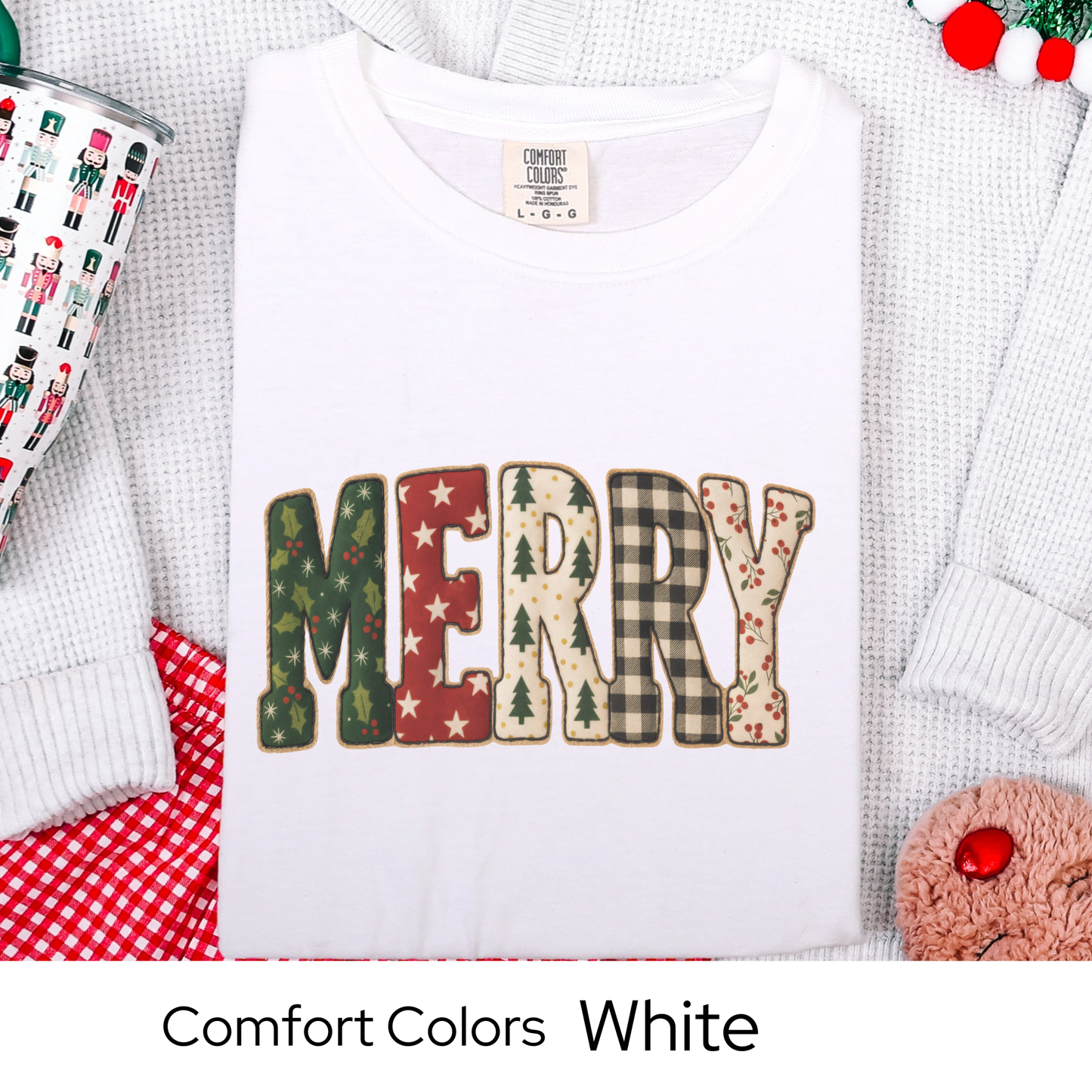 Merry Christmas T-Shirt, Holiday Tee, Cozy Winter Outfit, Cute Patchwork Top, Christmas Gift for Her, Faux Quilted