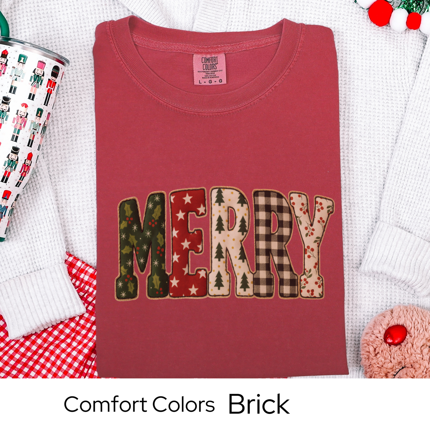 Merry Christmas T-Shirt, Holiday Tee, Cozy Winter Outfit, Cute Patchwork Top, Christmas Gift for Her, Faux Quilted