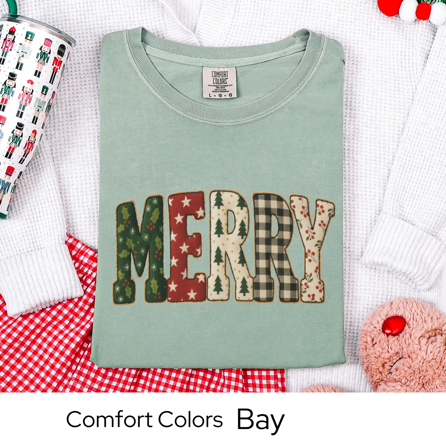 Merry Christmas T-Shirt, Holiday Tee, Cozy Winter Outfit, Cute Patchwork Top, Christmas Gift for Her, Faux Quilted