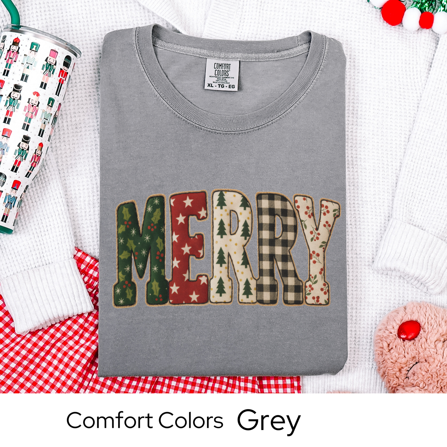 Merry Christmas T-Shirt, Holiday Tee, Cozy Winter Outfit, Cute Patchwork Top, Christmas Gift for Her, Faux Quilted