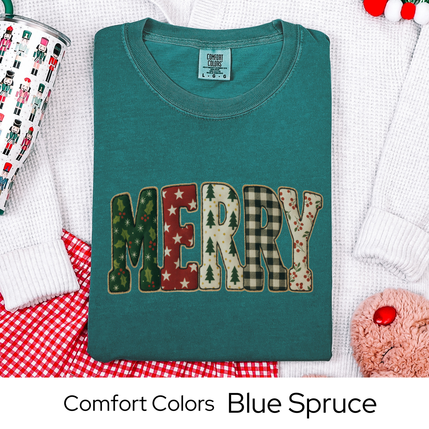Merry Christmas T-Shirt, Holiday Tee, Cozy Winter Outfit, Cute Patchwork Top, Christmas Gift for Her, Faux Quilted
