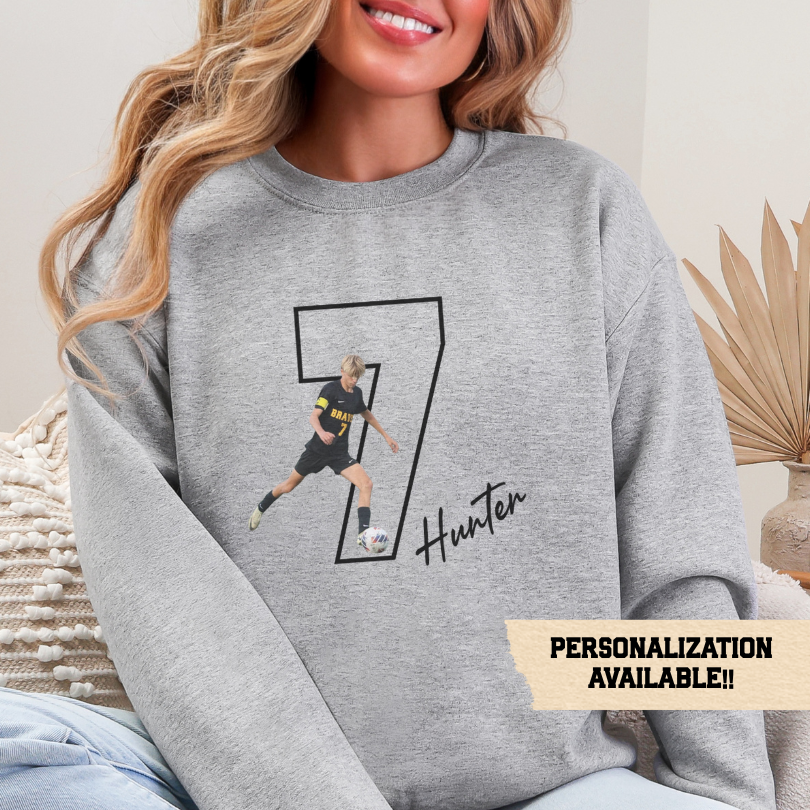 Personalized Sports Photo Sweatshirt, Custom Jersey Number Crewneck, Athlete Name Shirt, Custom Team Gift, Sports Mom Sweatshirt, Sports Dad