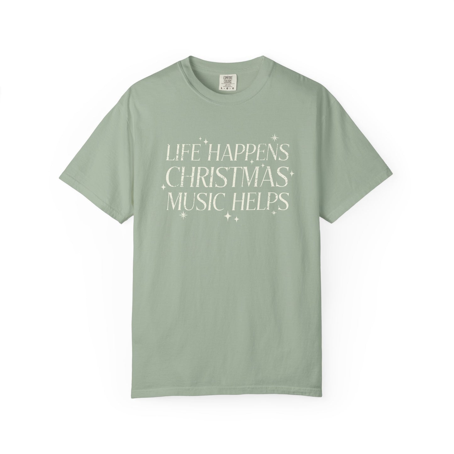 Christmas Music Shirt, Life Happens Christmas Music Helps Tee, Retro Holiday Graphic T-Shirt, Festive Gift Idea, Comfort Colors (Show Special)