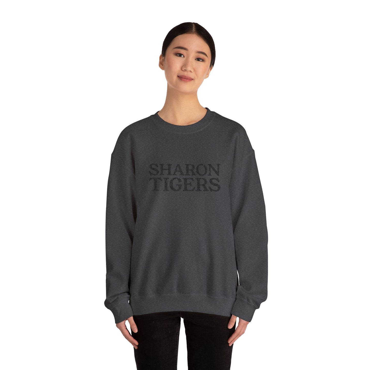 Sharon Tigers Embroidered Monochrome Sweatshirt, Custom School Spirit Crewneck, Unisex Gildan 18000, Team Pride Apparel