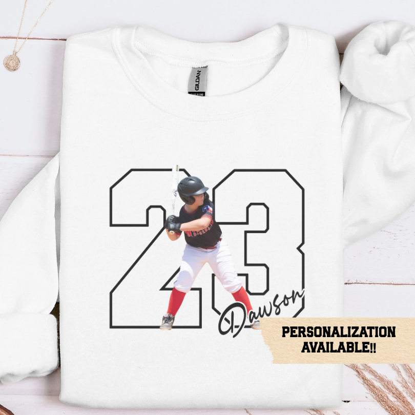 Personalized Sports Photo Sweatshirt, Custom Jersey Number Crewneck, Athlete Name Shirt, Custom Team Gift, Sports Mom Sweatshirt, Sports Dad