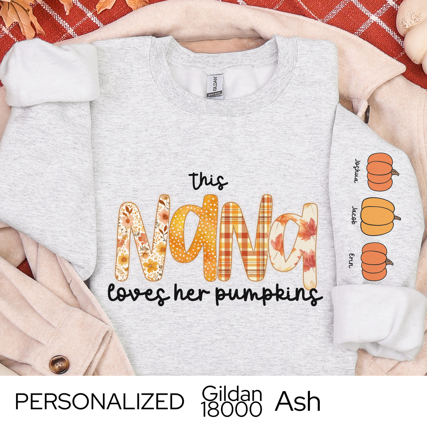 Personalized Grandma Pumpkin Sweatshirt, Custom Fall Crewneck with Grandkidsā Names, Thanksgiving Gift for Nana, Mimi, Grammy