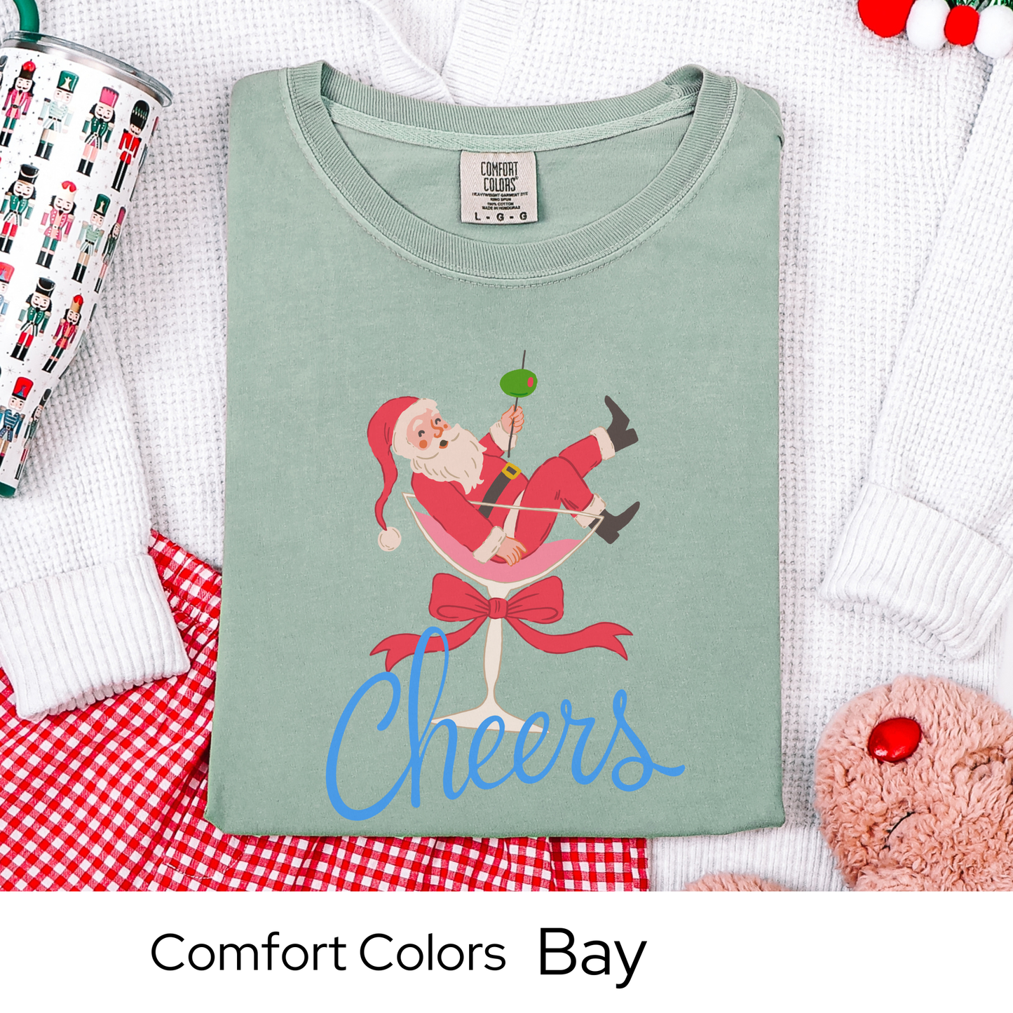 Funny holiday shirt, christmas party tee for women, santa martini top, festive drink lovers gift, comfort colors, faux embroidery