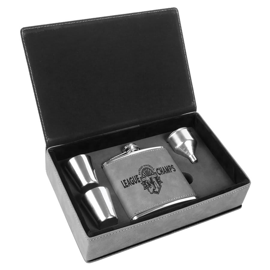 Personalized 6oz Leatherette Flask – Custom Engraved Gift Set Option