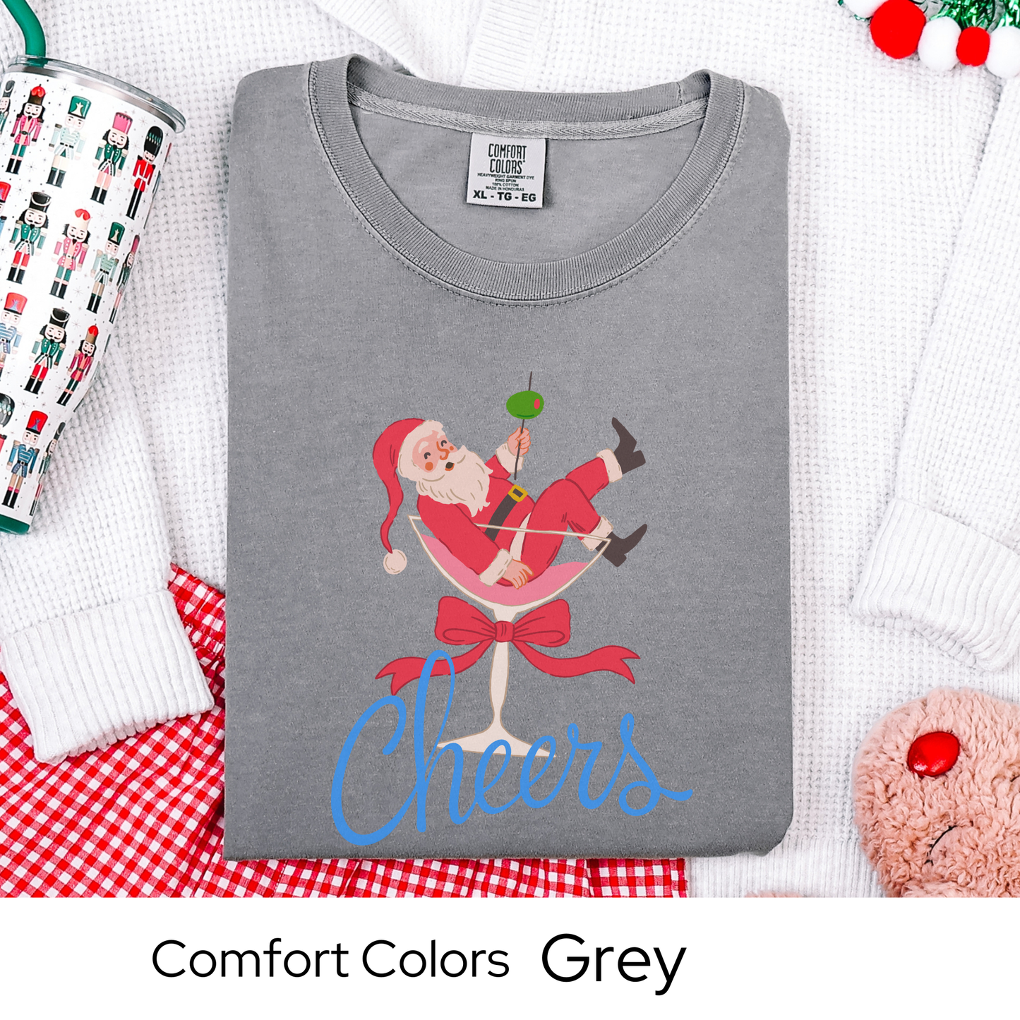 Funny holiday shirt, christmas party tee for women, santa martini top, festive drink lovers gift, comfort colors, faux embroidery