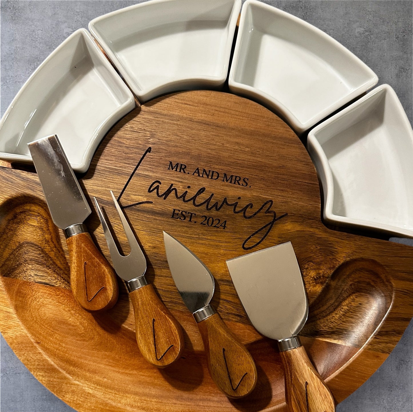 Personalized Charcuterie Board and Platter, with 4 Knives and 4 Bowls
