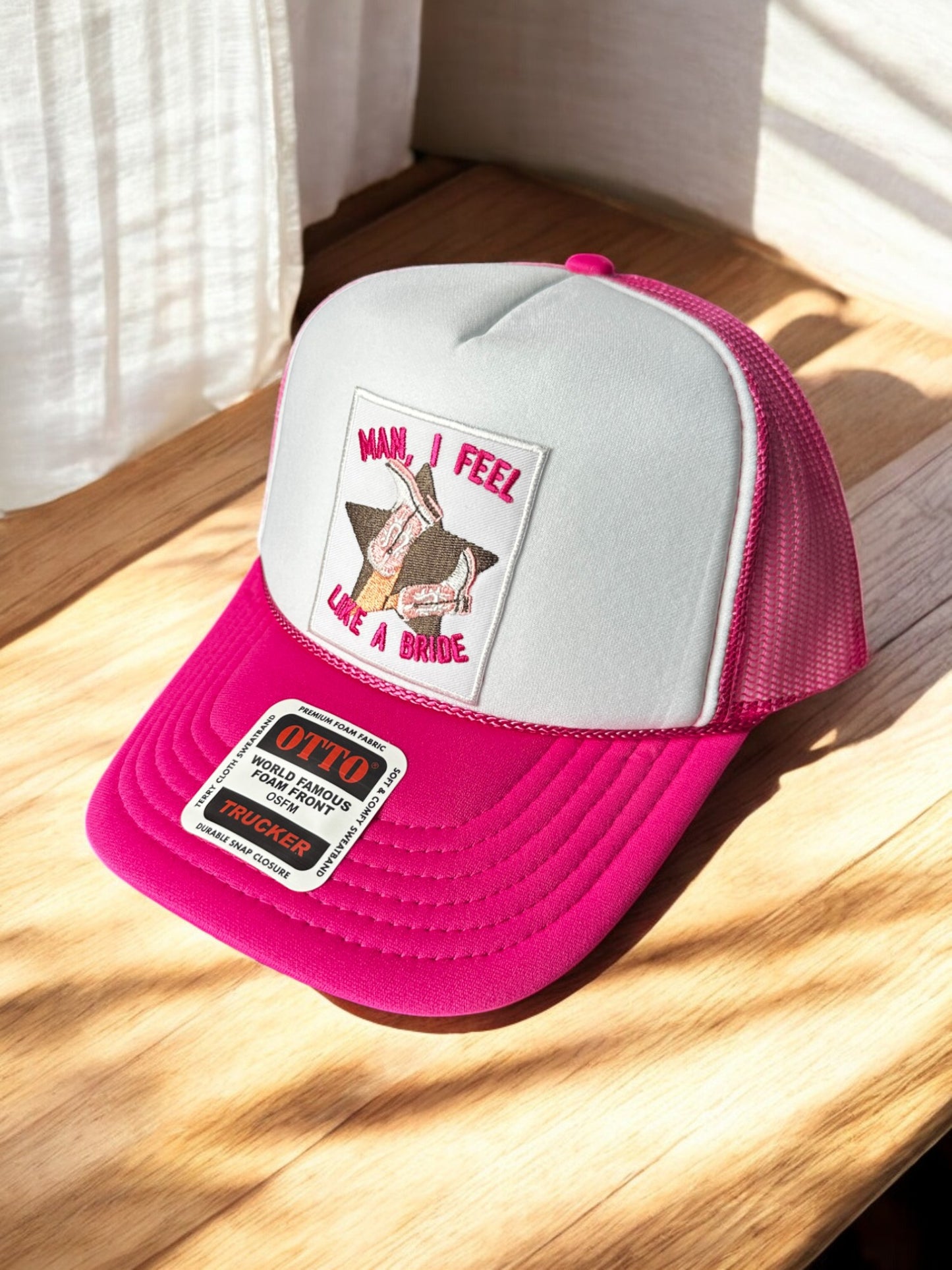 "Man, I Feel Like a Bride" Hot Pink & White Foam Trucker Hat – Bachelorette Party Hat, Bride-to-Be Accessory