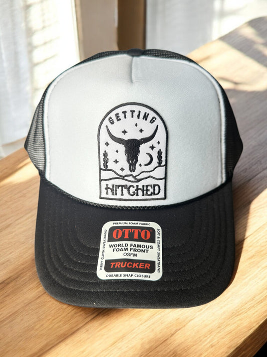 "Getting Hitched" Western Foam Trucker Hat – Black & White Bachelorette Hat for Brides