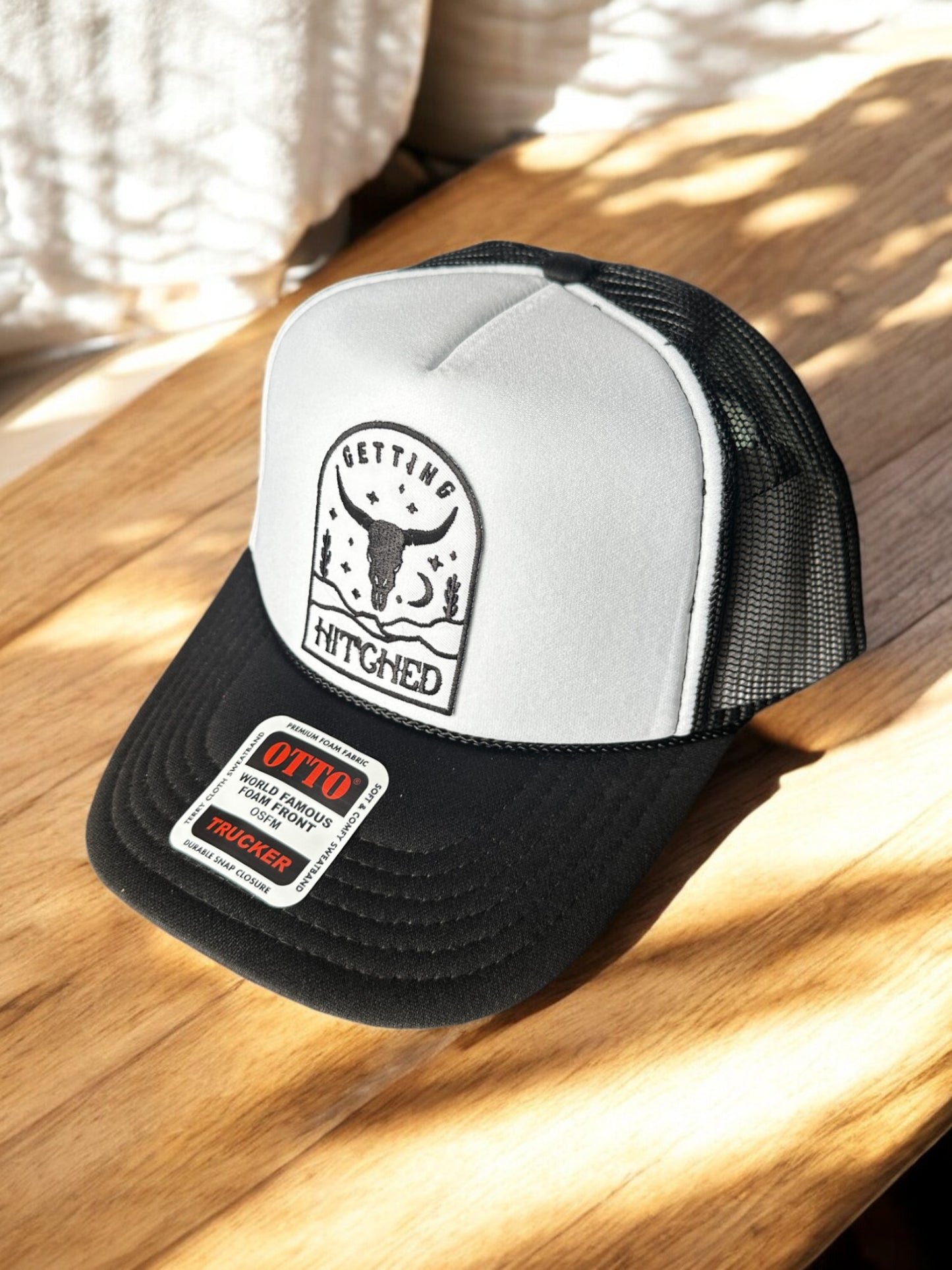 "Getting Hitched" Western Foam Trucker Hat – Black & White Bachelorette Hat for Brides