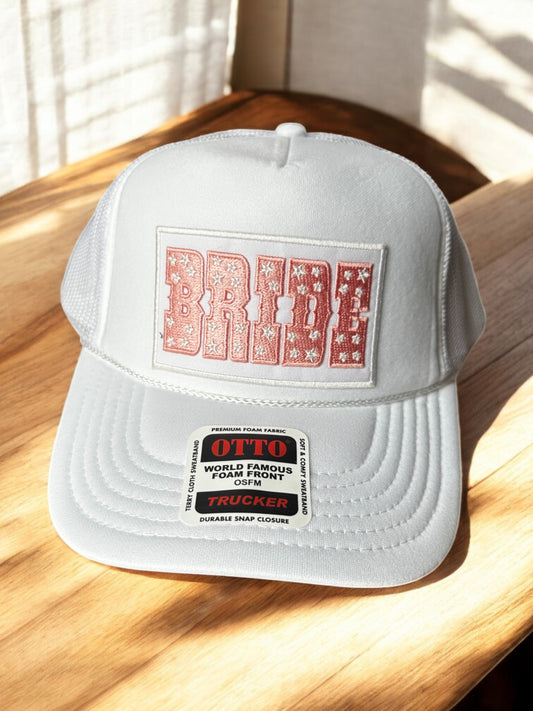 White "BRIDE" Foam Trucker Hat with Pink & Rhinestones – Glam Bachelorette Party Hat