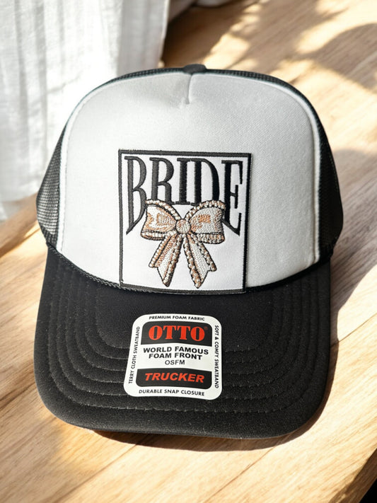 White & Black "Bride" Foam Trucker Hat with Big Bow – Classic & Chic Bachelorette Hat
