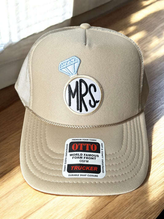 Beige "Mrs." Foam Trucker Hat with Blingy Ring Patch – Bridal Shower & Bachelorette Hat