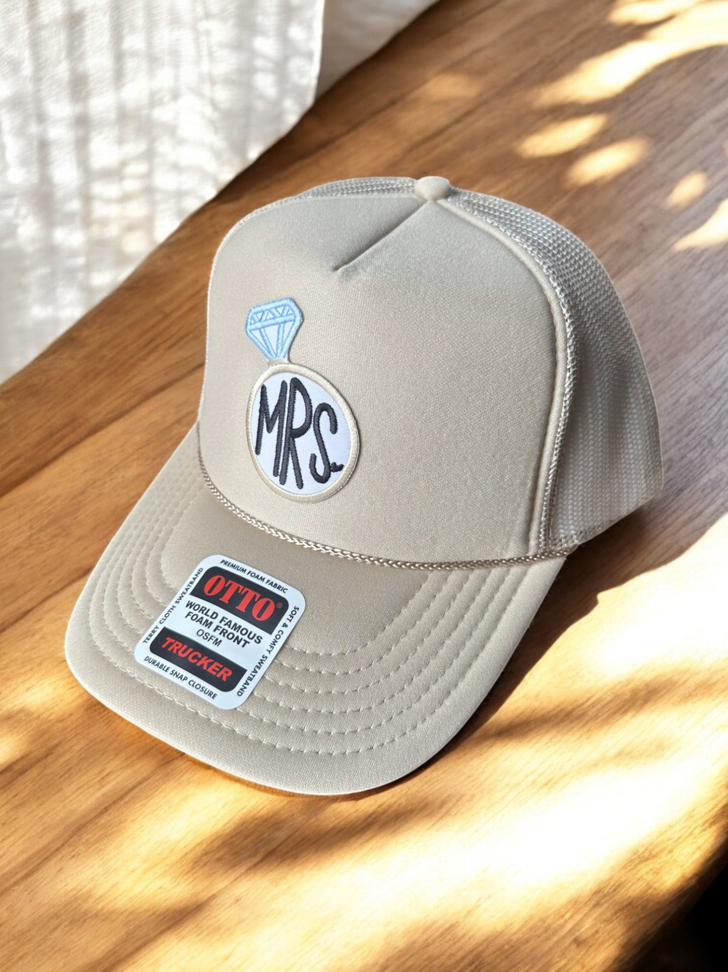 Beige "Mrs." Foam Trucker Hat with Blingy Ring Patch – Bridal Shower & Bachelorette Hat