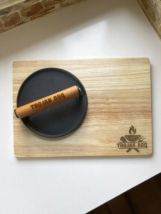 Personalized Smashburger Press & Cutting Board Set, Cast Iron Grill Press with Wood Handle, Custom Father's Day BBQ Gift, Laser Engraved Burger Board