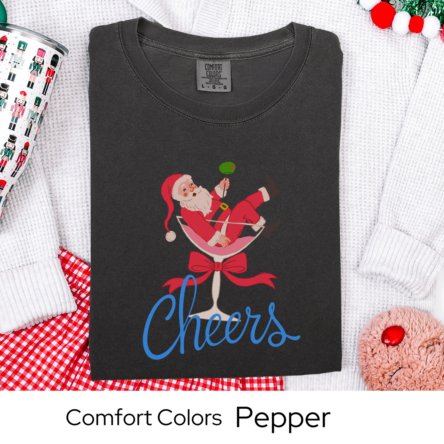 Funny holiday shirt, christmas party tee for women, santa martini top, festive drink lovers gift, comfort colors, faux embroidery
