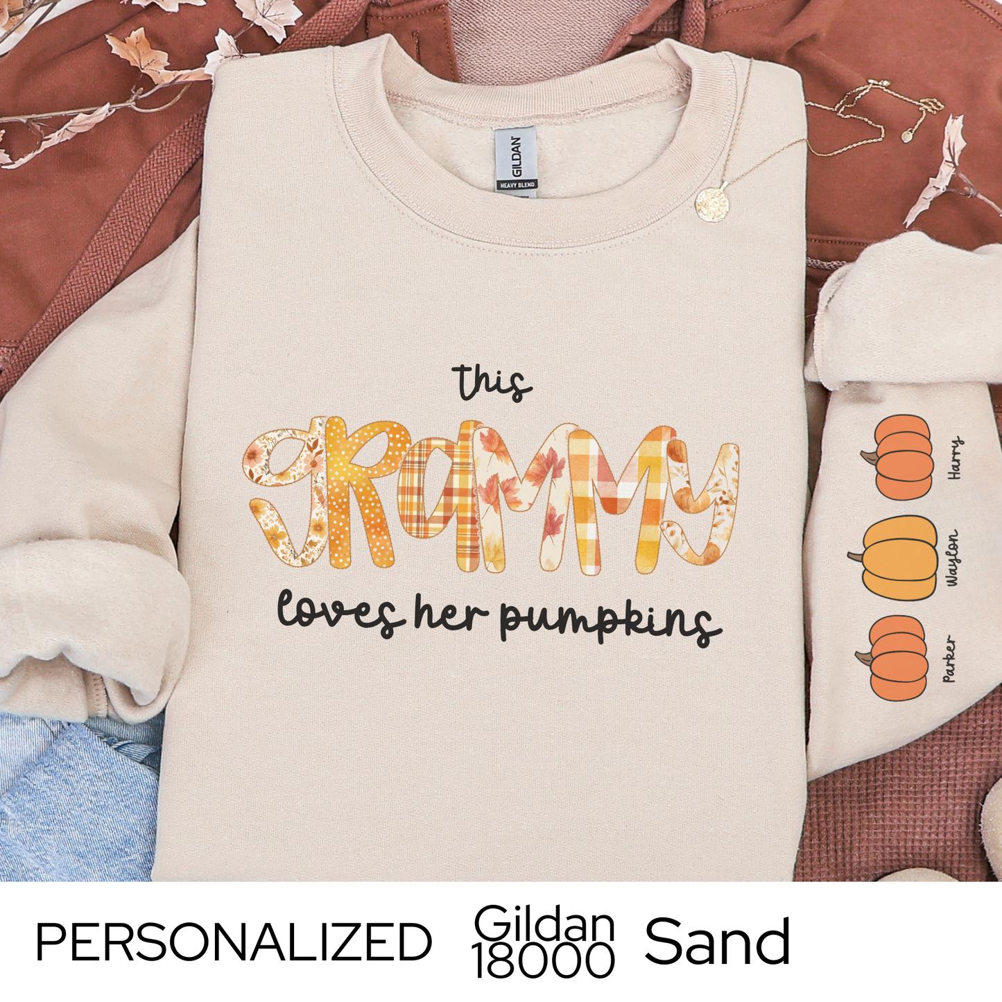 Personalized Grandma Pumpkin Sweatshirt, Custom Fall Crewneck with Grandkidsā Names, Thanksgiving Gift for Nana, Mimi, Grammy