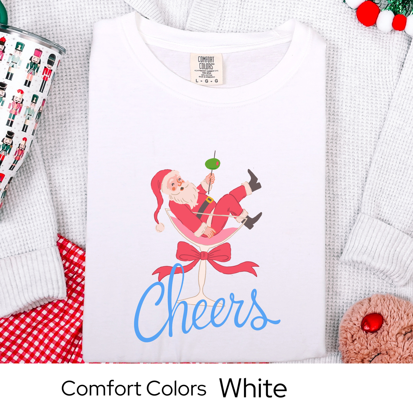 Funny holiday shirt, christmas party tee for women, santa martini top, festive drink lovers gift, comfort colors, faux embroidery