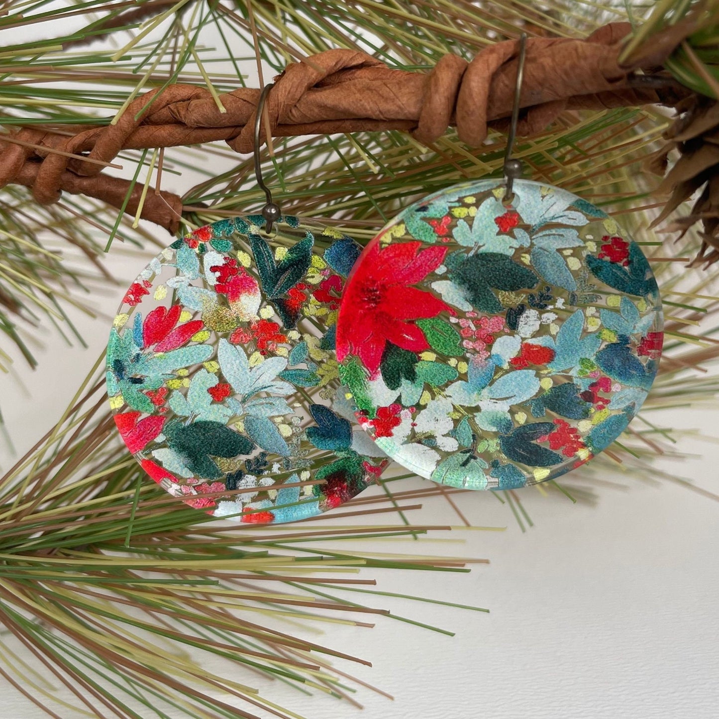 Christmas Poinsettia Earrings, Christmas Floral Earrings, Xmas Earrings, Teacher Earrings, Winter Jewelry, Gift for Her, Christmas Eve