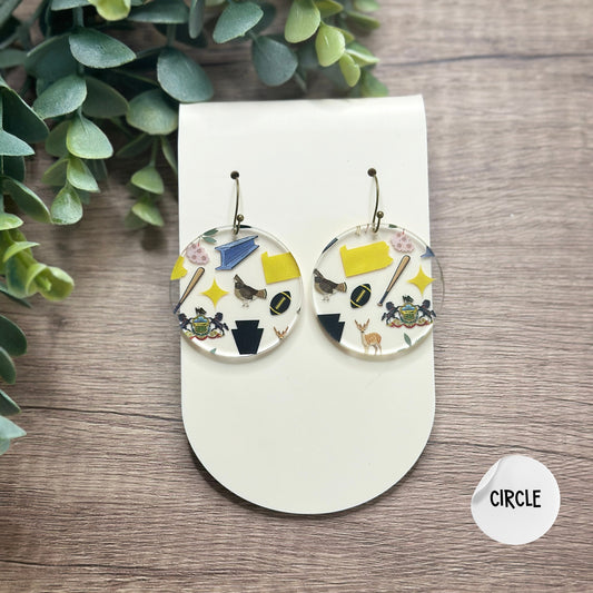 Pittsburgh Earrings, Pennsylvania, Western Pennsylvania, PA, Steel Town, Yinzer, Burgh, Football, Baseball, Hockey, Deer, Black and Yellow