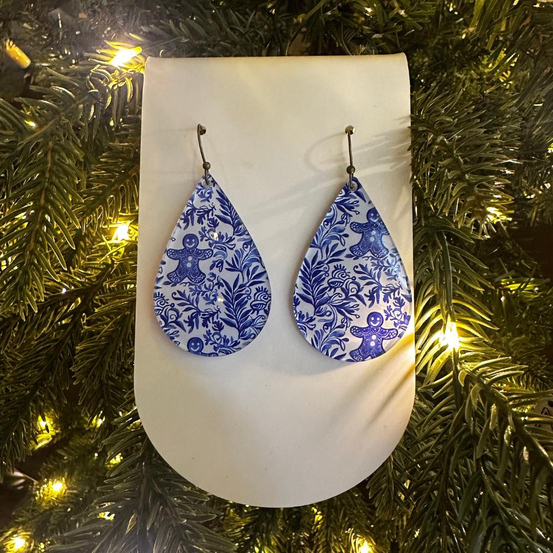 Christmas Chinoiserie, Gingerbread Earrings, Elegant Christmas, Blue Christmas,, Holiday Earrings, Xmas Gift, Winter Earrings, Gift for Her