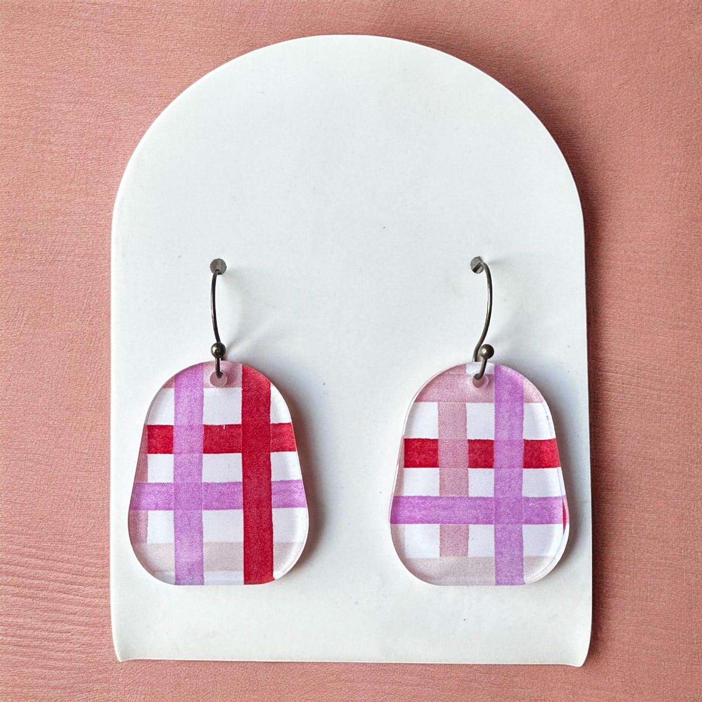 Valentines Dangle Earrings, Plaid Earrings, Geometric, Red White Pink Statement Earrings, Valentines Day Jewelry, Gift for Her, Galentiens