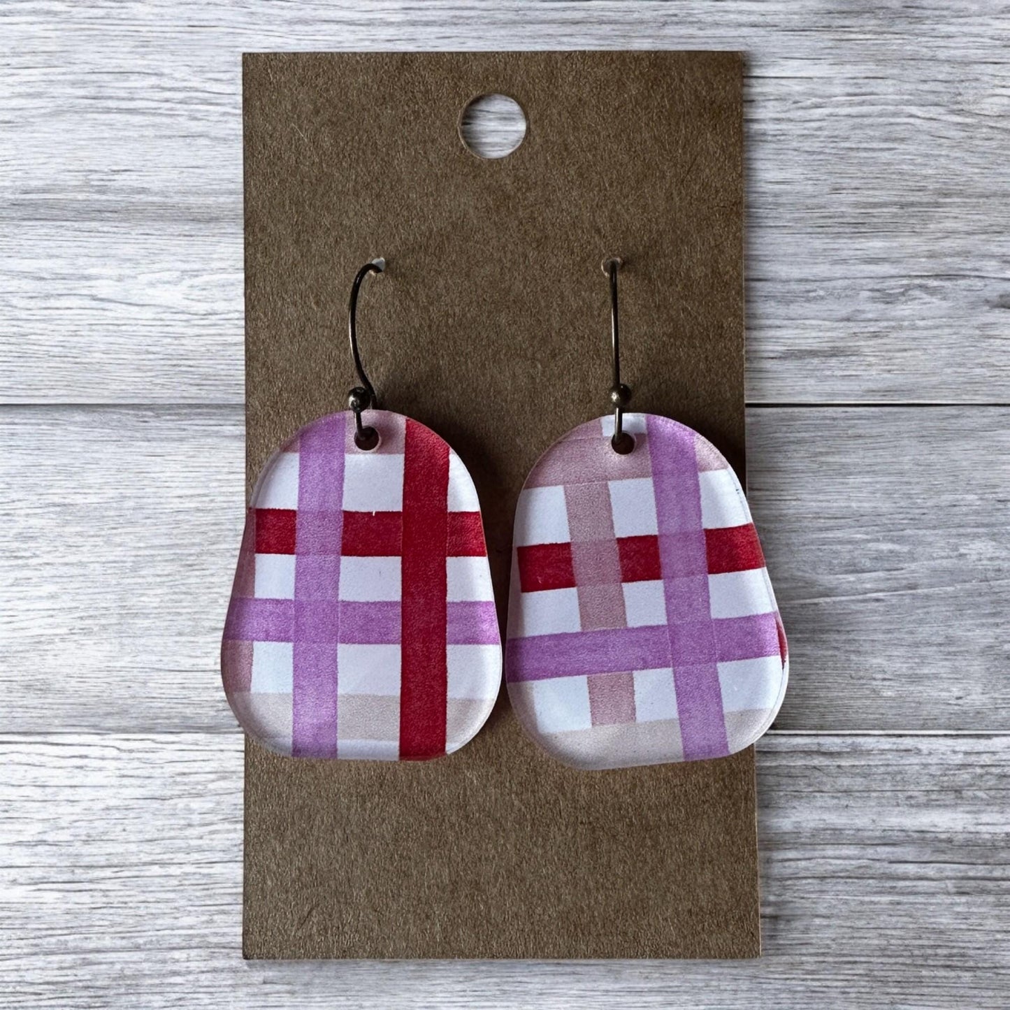 Valentines Dangle Earrings, Plaid Earrings, Geometric, Red White Pink Statement Earrings, Valentines Day Jewelry, Gift for Her, Galentiens