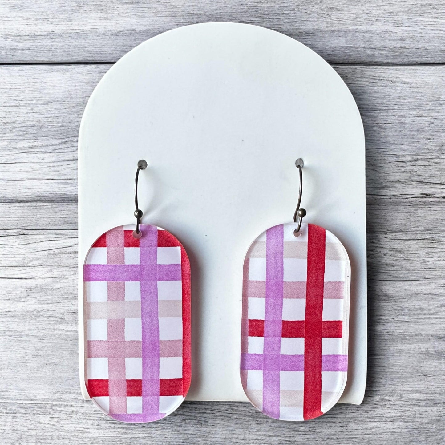 Valentines Dangle Earrings, Plaid Earrings, Geometric, Red White Pink Statement Earrings, Valentines Day Jewelry, Gift for Her, Galentiens