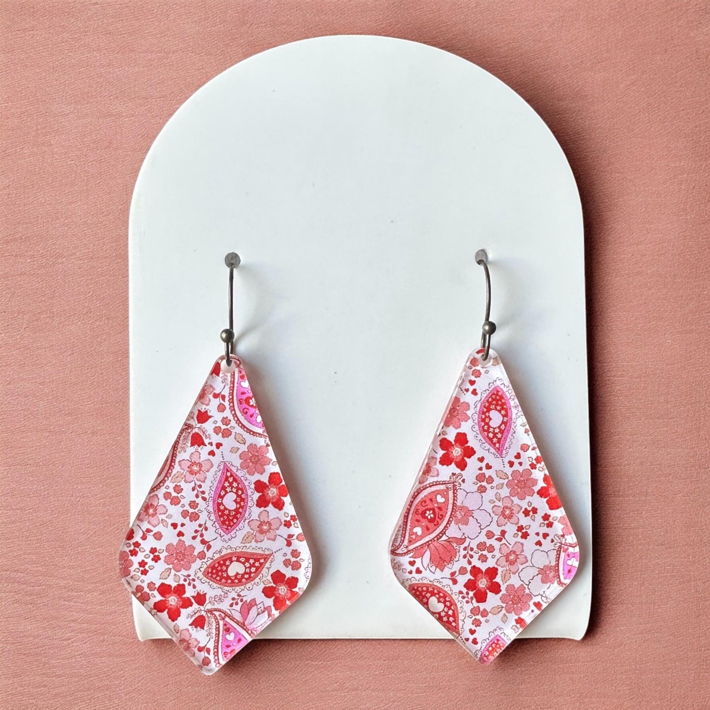 Valentine's Earrings, Paisley Floral Earrings, Circle Diamond Dangles, Red White Pink Jewelry, Romantic Gift for Her, Lightweight Earrings