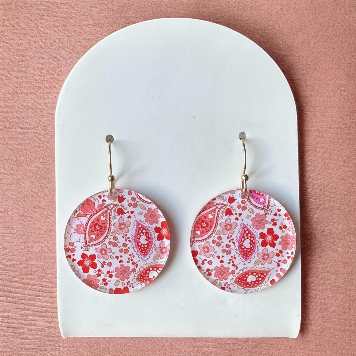 Valentine's Earrings, Paisley Floral Earrings, Circle Diamond Dangles, Red White Pink Jewelry, Romantic Gift for Her, Lightweight Earrings