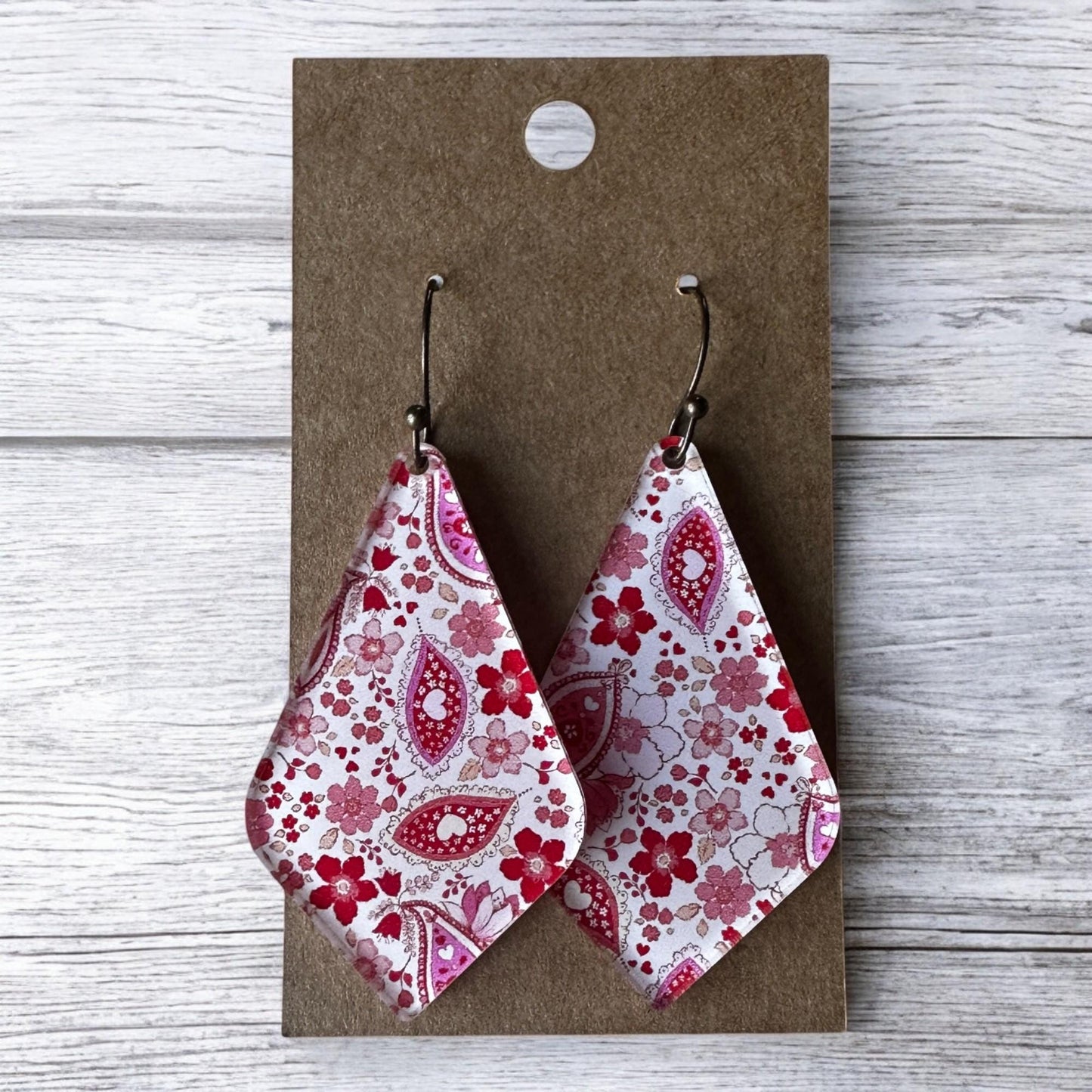 Valentine's Earrings, Paisley Floral Earrings, Circle Diamond Dangles, Red White Pink Jewelry, Romantic Gift for Her, Lightweight Earrings
