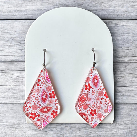 Valentine's Earrings, Paisley Floral Earrings, Circle Diamond Dangles, Red White Pink Jewelry, Romantic Gift for Her, Lightweight Earrings