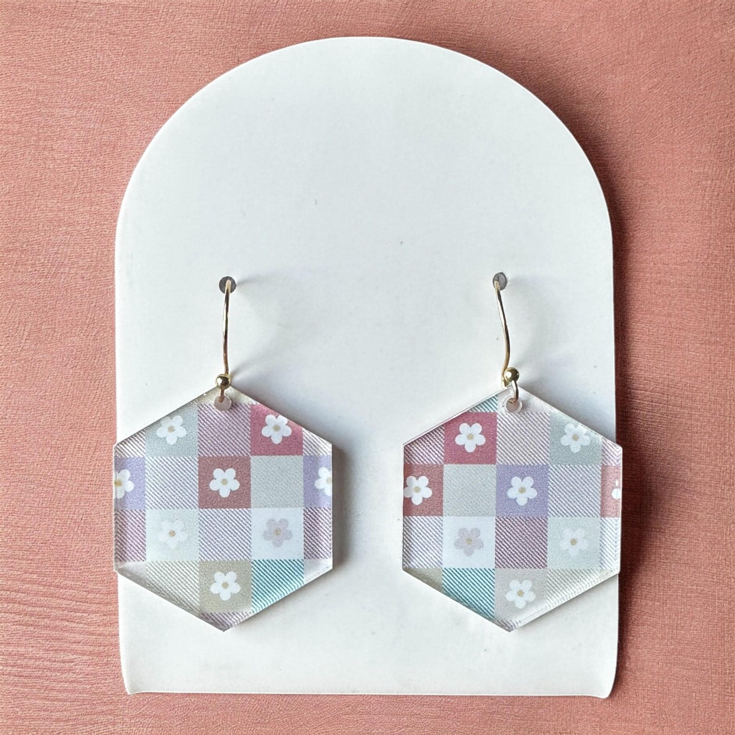 Pastel Retro Floral Earrings, Geometric Checkerboard Dangles, Vintage-Inspired Jewelry, Lightweight Gift for Her, 70s Vibes, Floral Jewelry