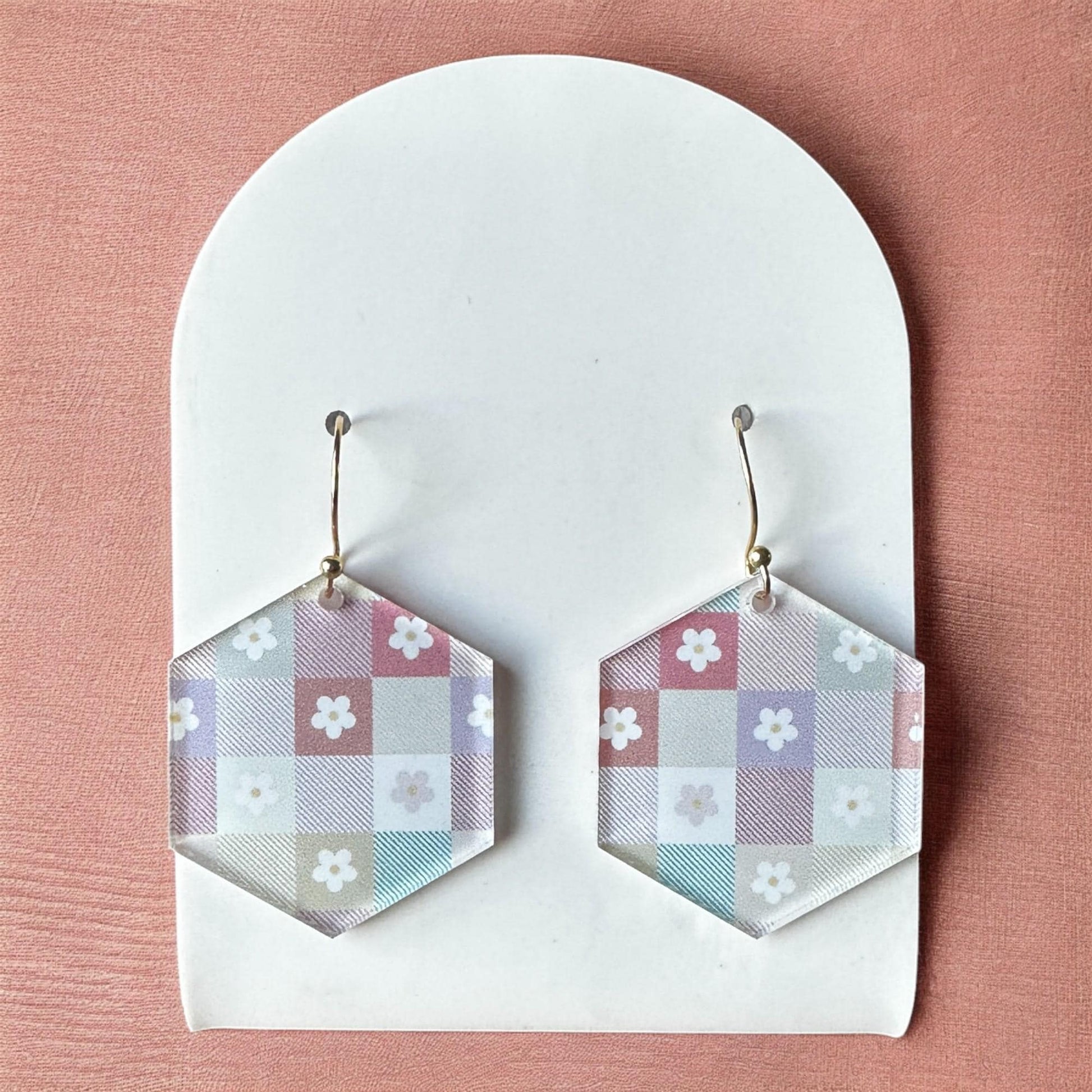 Pastel Retro Floral Earrings, Geometric Checkerboard Dangles, Vintage-Inspired Jewelry, Lightweight Gift for Her, 70s Vibes, Floral Jewelry