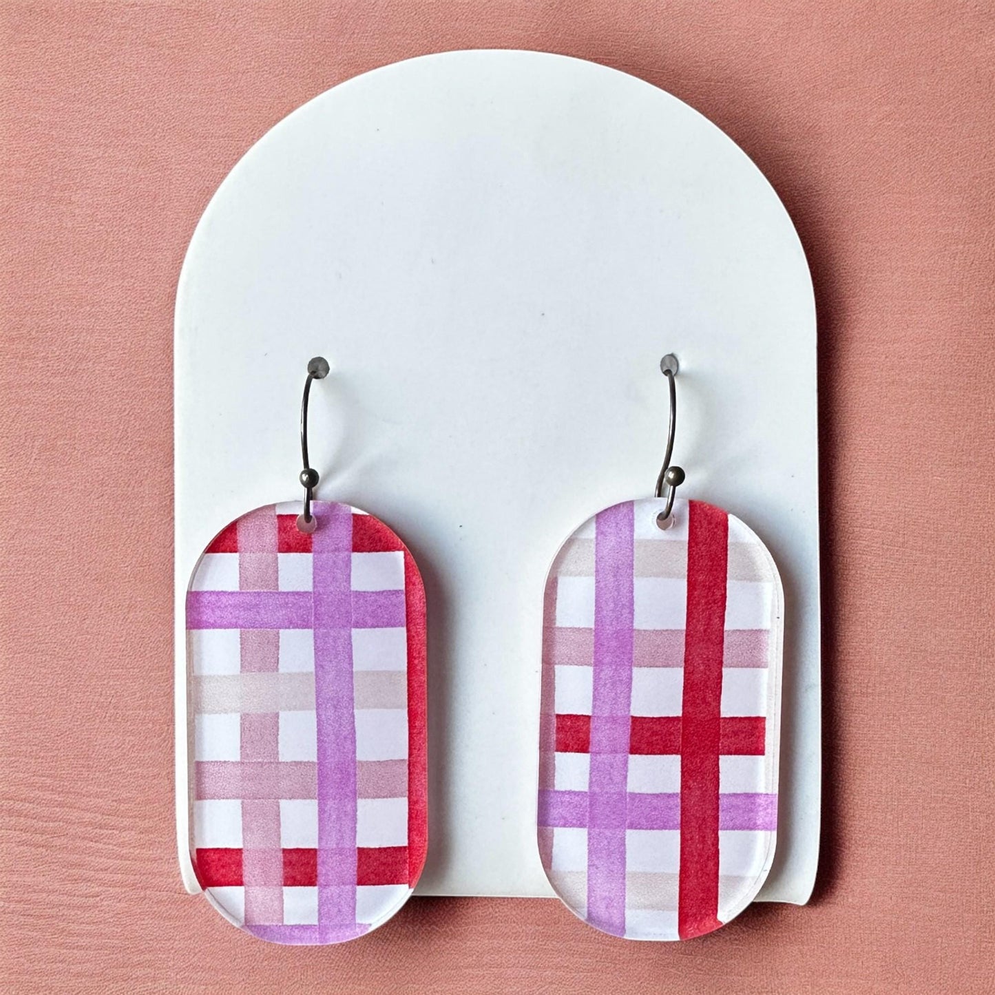 Valentines Dangle Earrings, Plaid Earrings, Geometric, Red White Pink Statement Earrings, Valentines Day Jewelry, Gift for Her, Galentiens