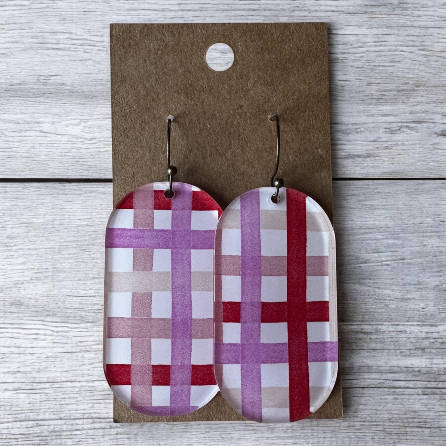 Valentines Dangle Earrings, Plaid Earrings, Geometric, Red White Pink Statement Earrings, Valentines Day Jewelry, Gift for Her, Galentiens