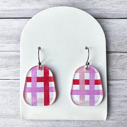 Valentines Dangle Earrings, Plaid Earrings, Geometric, Red White Pink Statement Earrings, Valentines Day Jewelry, Gift for Her, Galentiens