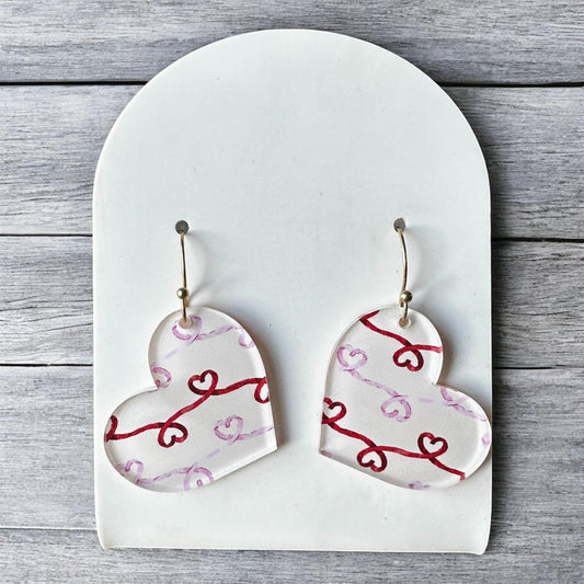 Valentine's Day Jewelry, Heart Doodle Earrings, Heart Shape, Triangle Earrings, Cute Gift for Her, Red White Pink Earrings, Galentines Day