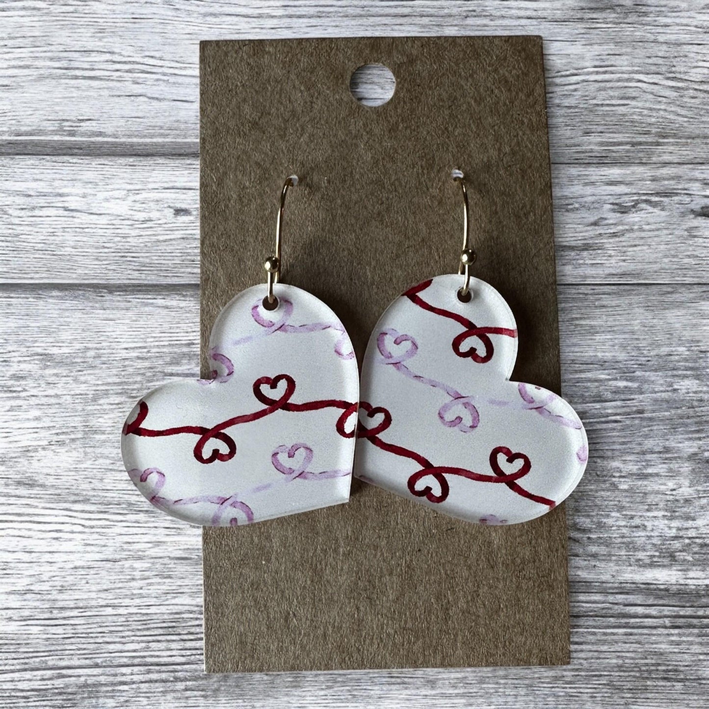 Valentine's Day Jewelry, Heart Doodle Earrings, Heart Shape, Triangle Earrings, Cute Gift for Her, Red White Pink Earrings, Galentines Day